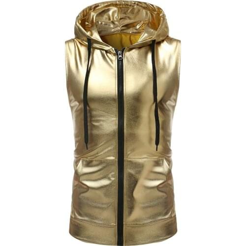 Shiny mens and womens zipper vest with hood, gold silver metallic texture gloss vest, Stage performance clothes, apparel