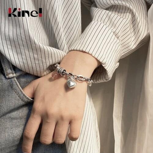 Kinel 925 Sterling Silver Natural Trawberry Quartz Bracelet LOVE Heart Pendant Thai Silver Hand Jewelry for Women Party Gift
