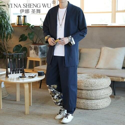 Loose Men Cardigan Coat Japanese Style Kimono Pants Yukata Clothing Classic Samurai Costume Streetwear Vintage Blouse 2Pcs/Set