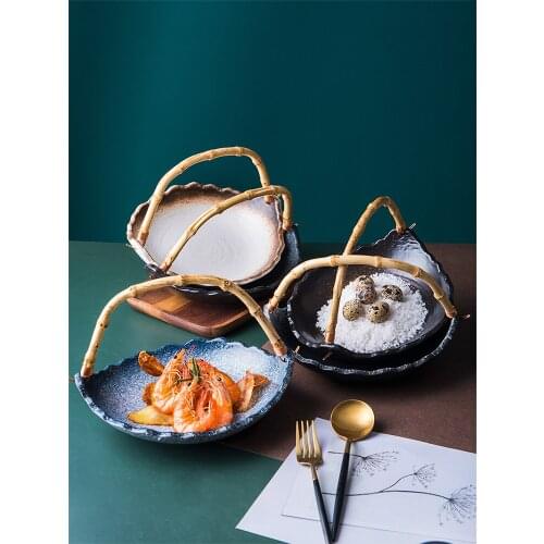 Creative Retro Ceramic Bamboo Hanging Plate Living Room Household Tableware Candy Dessert Plate Porcelain Dish Kitchen Utensils