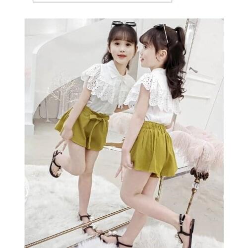 Summer Girls Set Two Pieces Kids Clothes Set Lace T Shirt Tops Tees & Shorts Children Clothing 4 5 6 7 8 9 10 11 12 13 14 Years