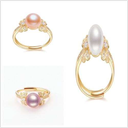 Lnngy 14K Gold Filled Ring 8.5-9mm Natural Cultured Freshwater Pearl Adjustable 14K Gold-Plated Bowknot Ring Women Jewelry Gifts