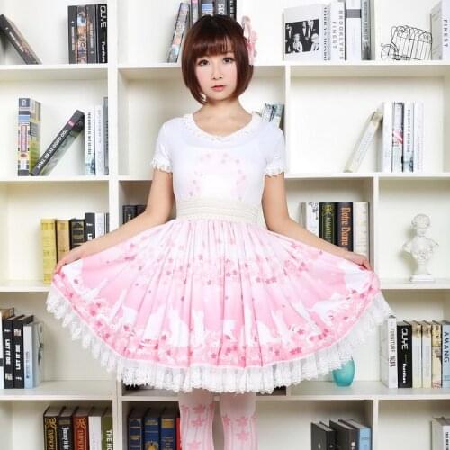 Sweet Soft Girl Short Skirt Pink Cherry Blossoms and Cat Printed Ruffled Lolita Skirt Free Shipping