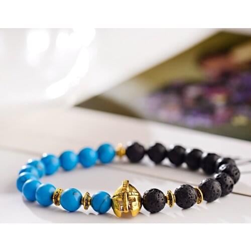 Fashion Men Roman Knight Spartan Warrior Gladiator Helmet Bracelet Natural Stone Bead Bracelet Mala Yoga Elastic Bracelet