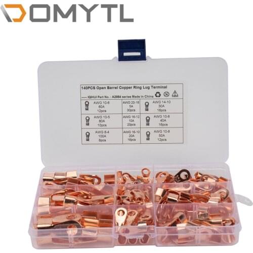 140x 5-100A Barrel Ring Lug Terminals Assortment Kit Pure Copper Crimp Home Circuit Modification Electrician Repair