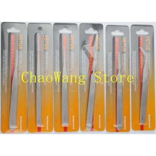 6PCS/SET VETUS Stainless Steel Tweezers Maintenance Tools Precision Curved Straight Tweezers Repair Tools
