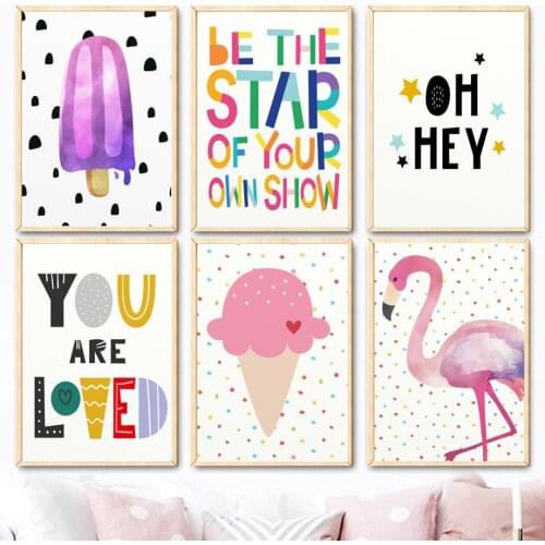 Nordic Flamingo ice cream poster printing baby care room wall art canvas painting lovely childrens bedroom home decoration pict
