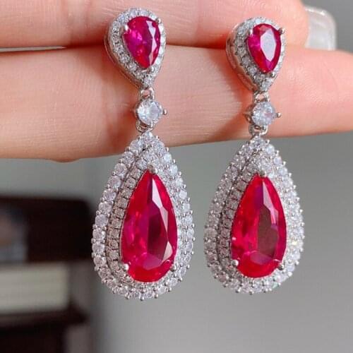 Megin D 925 Sterling Silver Red Stone Full Luxury Zircon Drop Vintage Boho Piercing Stud Earrings for Women Wedding Jewelry Gift
