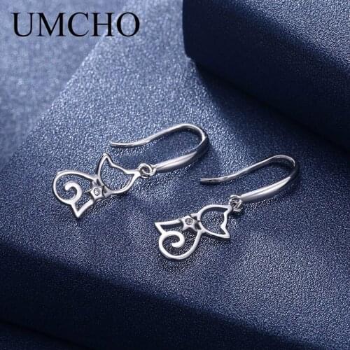 UMCHO Solid Silver 925 Prevent Allergy Cat Zircon Round Drop Earrings Eardrop For Women Girl Cute Fine Jewelry Drop Shipping