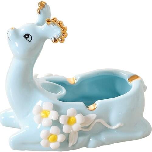 CUTE DEER ANIMAL CERAMIC ASHTRAY FUN CARTOON ELK DESKTOP DECORATION BLUE PINK ASHTRAY
