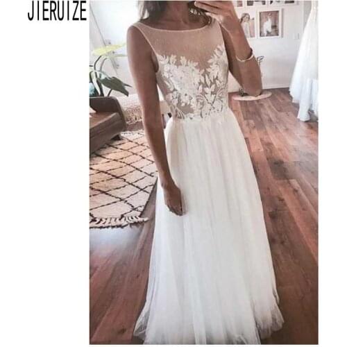 JIERUIZE A Line Illusion Wedding Dresses Scoop Neck Backless Lace Appliques Boho Bridal Dresses Vestido De Noiva Wedding Gowns