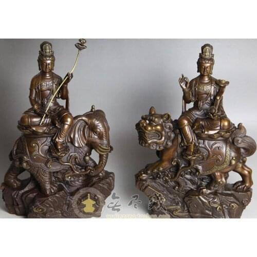 Tibet Pure Bronze manjusri samantabhadra Elephant Lion Kwan yin Statue pair