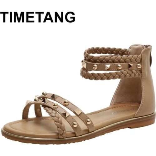 TIMETANGSummer Sandals Female Shoes Weave Beach Shoes Open Toe Fashion Rivets Ladies Sandals Roman Gladiator Non-slip Sandals