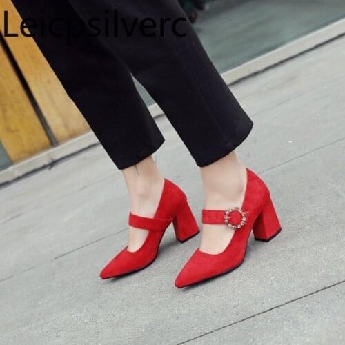 Pumps Spring and autumn new style Flock Pointed Shallow mouth Buckle Thick heel mid heel Womens single shoe plus size 33-46