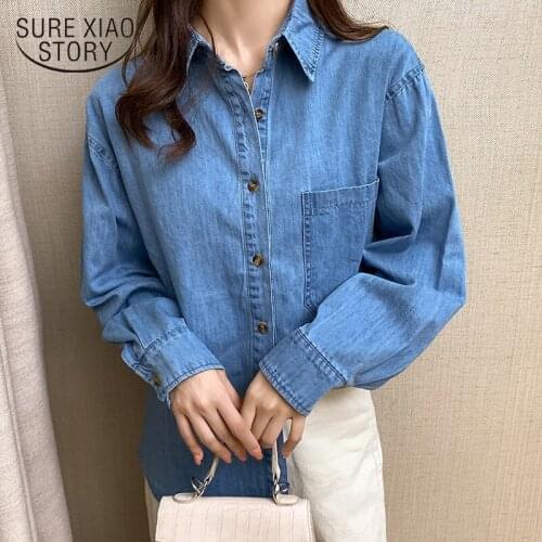 2021 Spring Fashion Women Blouse Vintage Denim Women Tops Long Sleeve Cardigan Cotton Shirts Women Casual Loose Blusas 11969