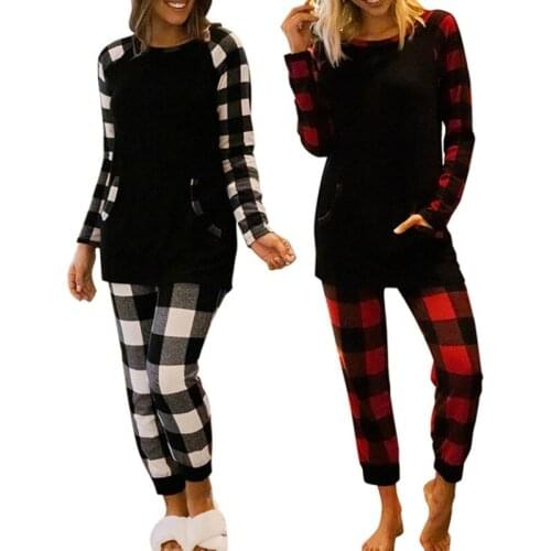 Women Two-piece Pajamas Set, Plaid Printed Pattern Long Sleeve Round Collar Tops and Pants Spring Autumn