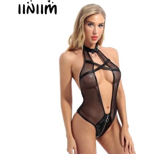 Women Ladies Hot O-Ring Bodysuit Fishnet Patent Leather Patchwork High Cut Hollow Out One-Piece Sissy Teddies Costumes Clubwear
