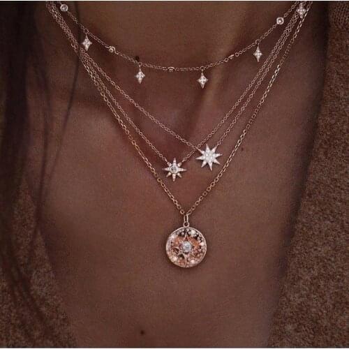 Popular Fashion European and American New Womens Full Star Multistory Necklace Star Layered Necklace Clavicle Chain