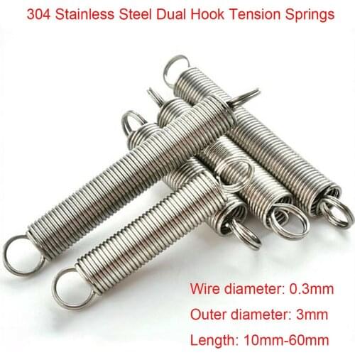10Pcs 0.3mm Wire Dia 304 Stainless Steel Dual Hook Tension Extension Spring Outer Dia 3mm Length 10mm - 60mm