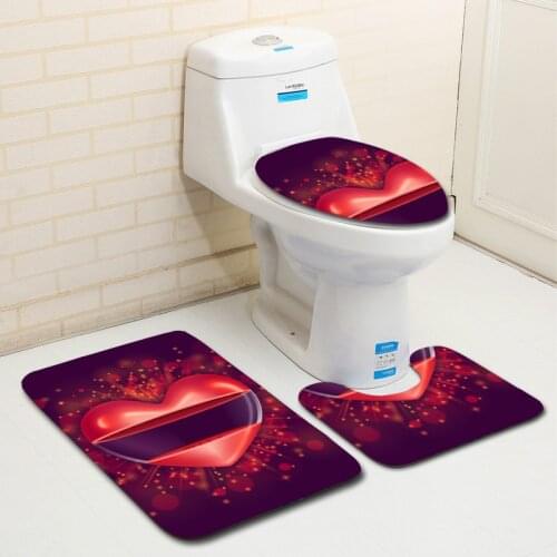 Zeegle Valentine Pattern 3Pcs Bath Carpet Set Bath Mat Non-slip Toilet Floor Mats Bathroom Rugs Flannel Toilet Seat Cover