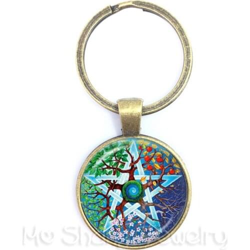 Tree of Life Keychain Pentacle Pattern Picture Glass Cabochon Jewelry Key Holder Car Accessories For Men Women Gift For Friends