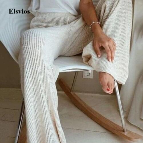 5XL Spring Wide Leg Solid Trousers Homewear Elegant Women High Waist Pants Sleepwear Casual Knitted Loose Soft Pajama Long Pants