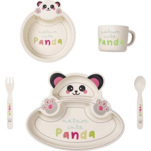 Healthy Bamboo Fiber 5pc/set Baby Dishes Cartoon Panda Hippo Bowl Plate Cup Infant Toddler Creative Gift Children Dinnerware