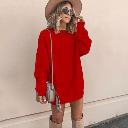 European and American autumn and winter fashion womens red round collar long sleeve loose large T shirt