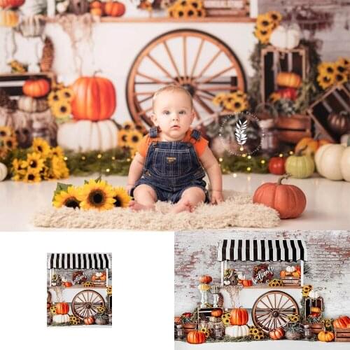 Photography backdrop pumpkin barn Halloween Photo Background Studio Sunflowers newborn photo shoot brick wall Wheel and oil lamp