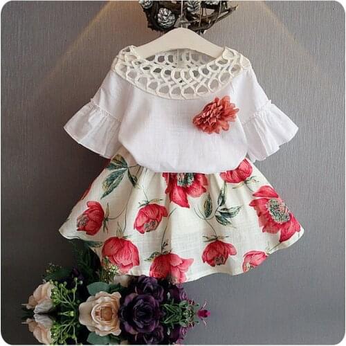 Han edition childrens wear summer 2 sets new female baby hollow horn sleeve blouse flower skirt suit k1