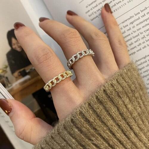 Minar 2 Designs Bling Bling CZ Cubic Zircon Chain Rings for Women Gold Color Metal Chunky Hollow Link Adjustable Charm Rings