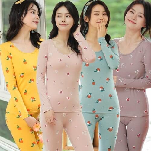 2021 Autumn Long Sleeve 100% Cotton Print Thermal Body Shaper Pajama Sets for Women Warm Long John Underwear Sleepwear Bodysuit