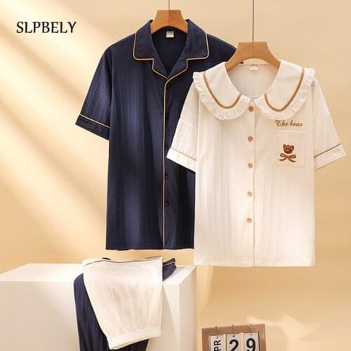 SLPBELY Stripe Couple Pajamas Homesuit Set Summer Casual Lapel Men Women Short Sleeves Cardigan Pyjamas Lover Homewear Pijama