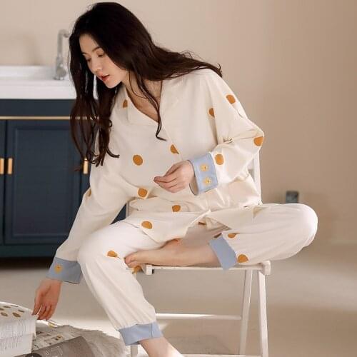 Spring/Autumn Women Pajamas Set Long Sleeve Trousers Pure Cotton Sleepwear for Ladies Loose Comfy Simple Polka Dot Homewear Set