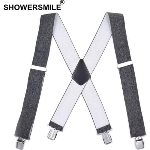SHOWERSMILE Adult Suspenders Wide 5cm X Back Grey Mens Braces For Trousers Male 4 Clips Elastic Adjustable Suspender Belt 120cm