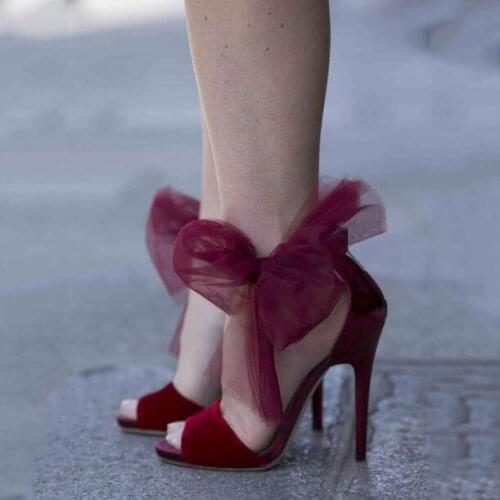 Drop Shipping Sexy Woman Solid Burgundy Butterfly Knot Bow Ties Lace Peep Toe Thin Heels Zipper Back Wedding Sandals Big Size 47