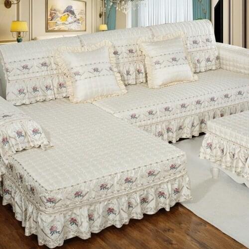 Creamy-white Luxury Cotton Linen Sofa Cover Grey Jacquard Embroidery Sofa Towel Thick Soft Cushion Pillowcase Exquisite Sofa Set