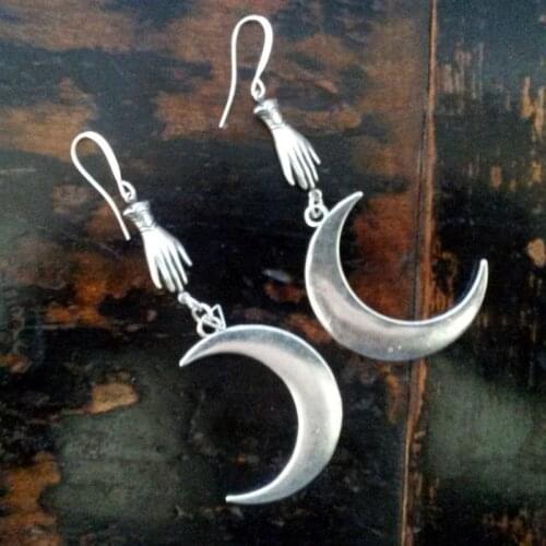 Goth Moon Phantom Hands Silver Plated Crescent Moon Earrings Big Crescent Moon Witch Gothic Goddess Magic