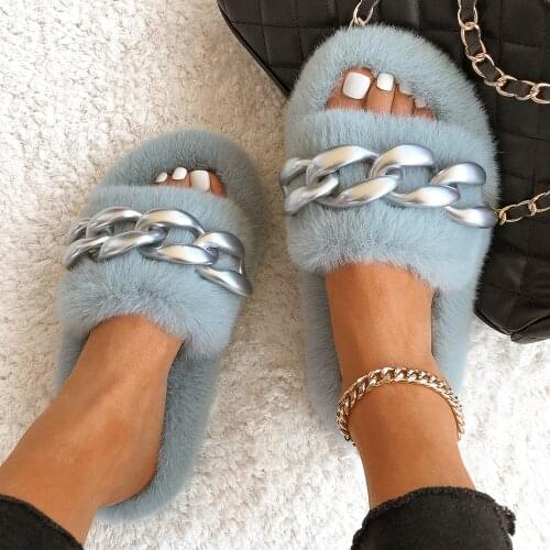 Furry Fur Slides Plush Slippers For Women Silver Chain Fluffy Flip Flops Designer Faux Fur Slippers Sandals Indoor Female Shoes