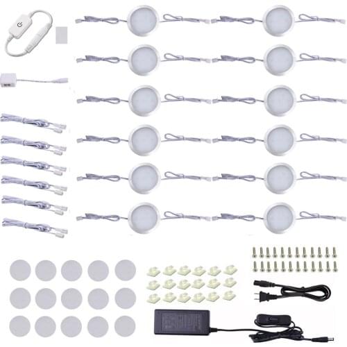 LED 12 Packs Touch Dimmable Under Cabinet Lighting Kit LED Linkable Puck Lights for Counter Kitchen Book Case with adapter