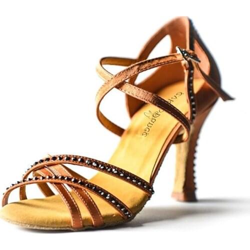 Woman Dance Shoes 10cm Rhinestone Latin Salsa Dance Shoes BrownTango Shoes Women Satin Party Latin Dance Shoes Club Dance Shoes