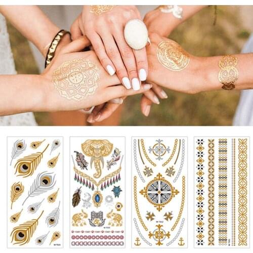 4 Pcs/ Set Temporary Tattoos Sticker Metallic Waterproof Body Decor Women Teens Girls Gold Silver Glitter Color Tattoo Sticker