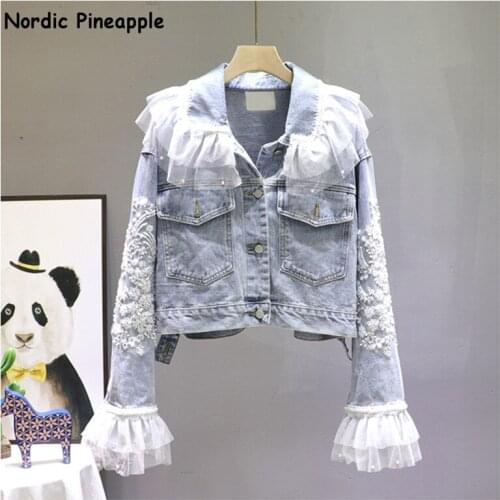 Denim jacket female 2020 autumn new Korean version of heavy industry lace embroidery loose short