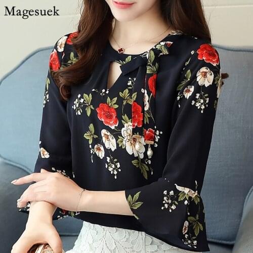 Summer Tops For Women 2021 Flare Sleeve V-neck Pullover Chiffon Women Tops and Blouses Bow Print Casual Shirts Women Blusas D278