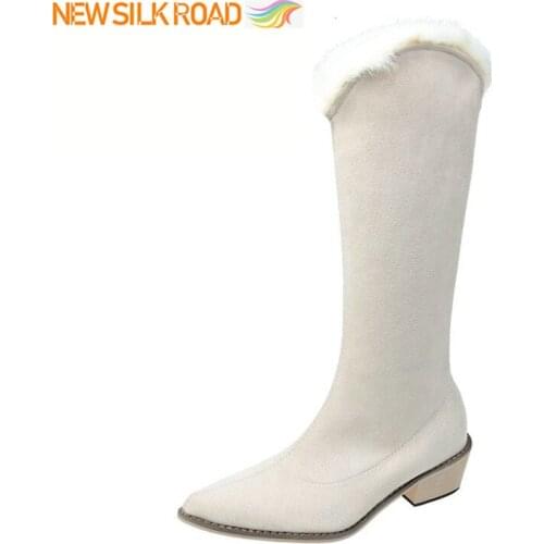 2021 New Arrivals Mid Calf Boots Women Rabbit Fur Western Knights Slip-On Scottish Booties Ridding Vintage Sexy Ladies Shoes