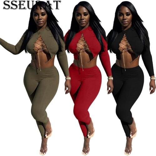 SSEURAT Women Set Solid Long Sleeve Strap Bandage Hollow Out Crop Tops Pants Two 2 Piece Sets Sexy Night Outfits Autumn