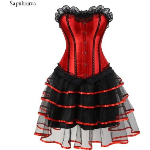 Sapubonva womens lace corset dress set striped lace corselet overbust skirts corset bustiers gothique cosplay costume vintage
