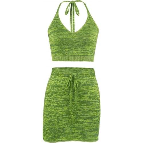 ZuoLunOuBa Summer Sexy V-Neck Short Sling Women Suit Knit Harajuku Solid Color High Waist Lacing Female Mini Short Skirt Suits