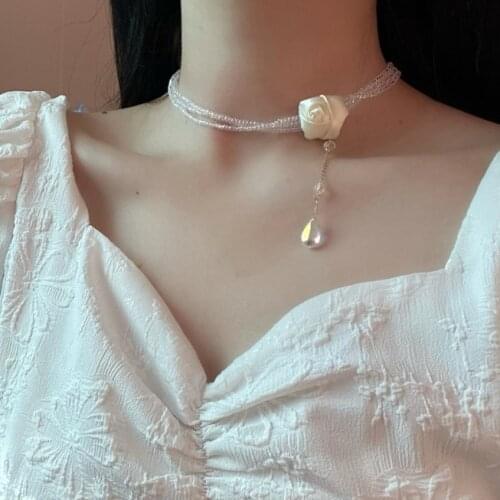 Handmade Beaded Ribbon Flower Pendant Bead Necklace For Women Beach Style Bohemian Fashion Party Necklace Jewelry