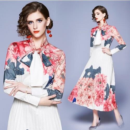 Fashion runway Women Elegant Flower Printed Pleated Party Maxi Vestidos Female autumn Bow Tie Collar Holiday Floral Dresses 8926